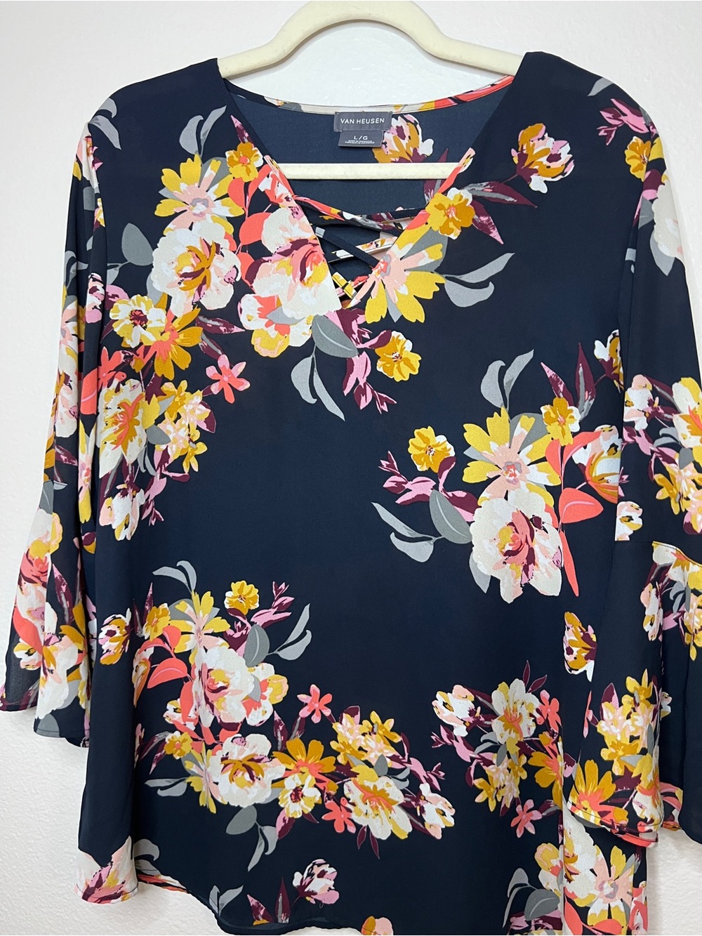 Van Heusen Navy Floral Crisscross Neck Blouse with Yellow and Pink Accents